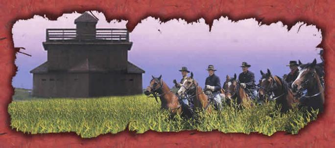 Cavalry horsemen ride through a field of clover